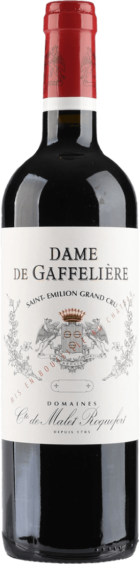 Château la Gaffelière - Dame de Gaffelière GC 2018 Het label toont een traditioneel ontwerp met een familiewapen in het midden. Er zijn sierlijke lijnen en details rondom het wapen, en de naam 'Dame de Gaffelière' staat bovenaan in grote letters.