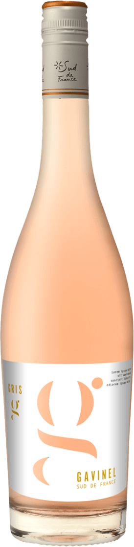 Gavinel - Pays d'Oc IGP Gris Het label toont een gestileerde letter 'G' in een minimalistische stijl, met de woorden 'GRIS' en 'GAVINEL SUD DE FRANCE'. Het ontwerp is eenvoudig en modern.