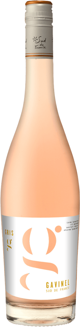Gavinel Saint Guilhem le Désert IGP Gris Het label toont een grote gestileerde letter 'G' in een abstracte vorm, met daaronder de tekst 'Gavinel Sud de France'. Er is gebruik gemaakt van een minimalistische en moderne stijl.