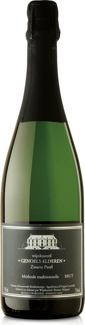 Haspengouw BOB Zwarte Parel Brut 2022 Het label toont een afbeelding van een kasteel met daaronder de tekst 'Wijnkasteel Genoels-Elderen Zwarte Parel'. Het is eenvoudig en elegant, met een traditionele uitstraling.