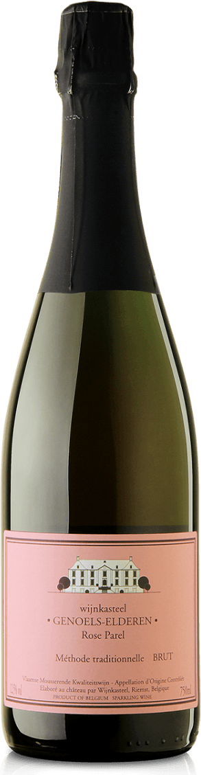 Wijnkasteel Genoels-Elderen - Haspengouw BOB Rosé Parel Brut Rosé Het label toont een afbeelding van een kasteel met bomen aan weerszijden. De achtergrond is roze met zwarte en witte accenten. Onderaan het label staat tekst in een traditionele lettertype.