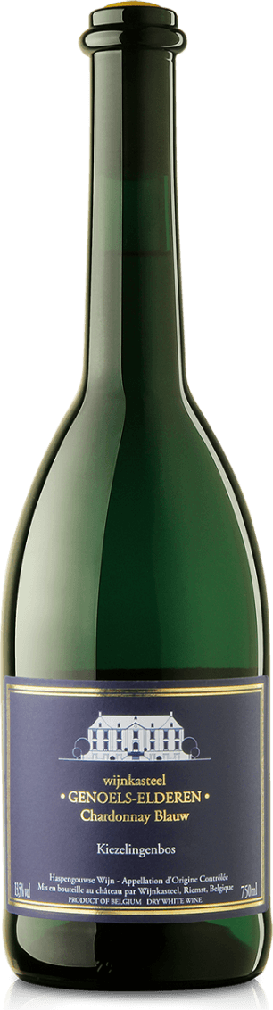 Wijnkasteel Genoels-Elderen - Haspengouw BOB Chardonnay Blauw 2020 Het label toont een afbeelding van een kasteel, met daaronder de tekst 'wijnkasteel GENOELS-ELDEREN Chardonnay Blauw'. Het ontwerp is vrij traditioneel en minimalistisch.