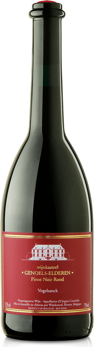 Haspengouw BOB Pinot Noir 2018 Het label toont een afbeelding van een kasteel in wit op een rode achtergrond. Onder de afbeelding staat de tekst 'wijndomein GENOELS-ELDEREN Pinot Noir Rood Vogelsanck'. Er is ook een gouden rand rondom het label.