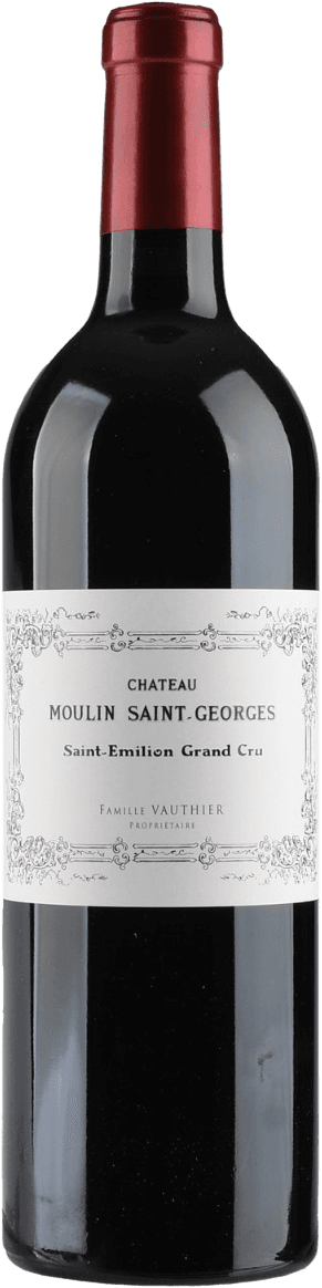 Saint Émilion AC Grand Cru 2017 Het label is wit met sierlijke, zwarte letters en gedetailleerde ornamenten aan de boven- en onderkant. De tekst is centraal geplaatst met de naam van het chateau in grote letters.