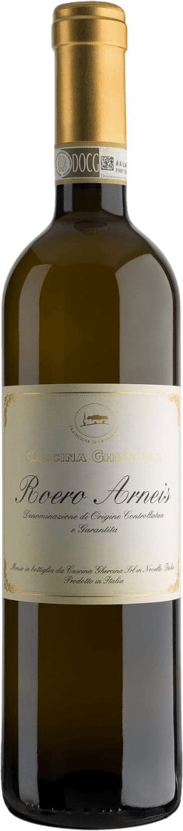 Cascina Ghercina - Roero Arneis DOCG Het label van de wijnfles is minimalistisch en traditioneel. Het heeft een lichte crèmekleurige achtergrond met sierlijke, zwarte letters waarop de naam 'Roero Arneis' centraal staat. Bovenaan is er een klein embleem of logo te zien.