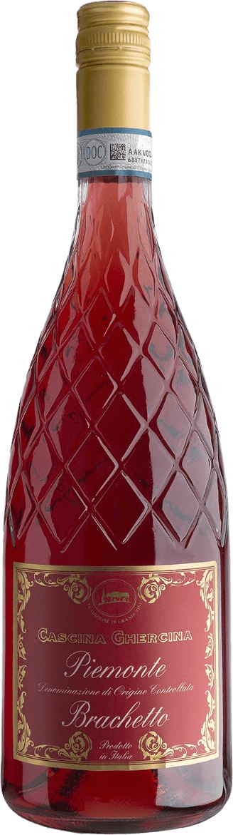 Cascina Ghercina - Piemonte DOC Brachetto Het label heeft een klassieke uitstraling met sierlijke gouden patronen en tekst op een rode achtergrond. De naam van de wijn en het merk zijn prominent aanwezig.