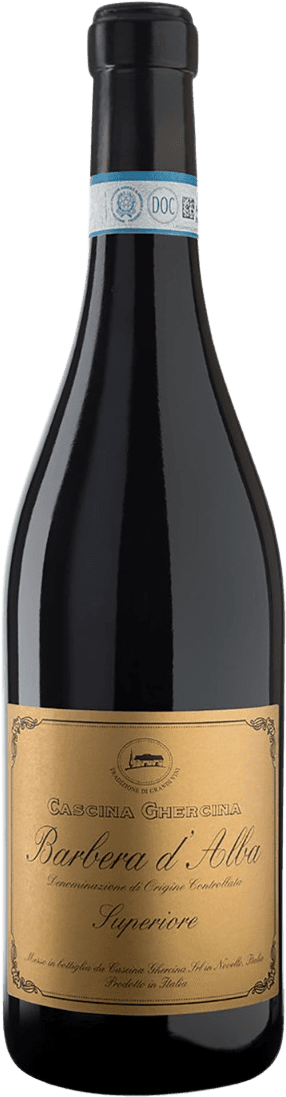 Cascina Ghercina - Barbera d'Alba DOC Superiore 2022 Het label heeft een klassieke uitstraling met sierlijke letters. In het midden staat een afbeelding van een gebouw of kasteel, omringd door decoratieve elementen. De tekst is in verschillende lettertypes en grootten weergegeven, wat het geheel een traditionele en elegante uitstraling geeft.
