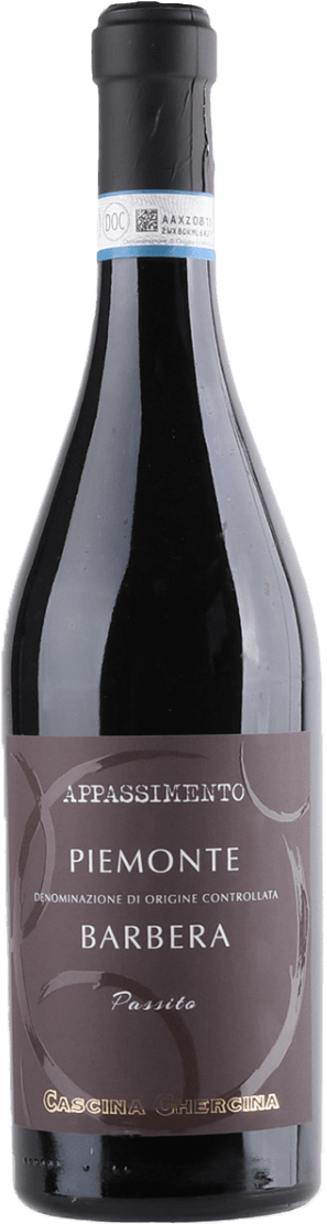 Cascina Ghercina - Piemonte DOC Barbera Appassimento Het label is donker met sierlijke, gebogen lijnen en bevat de tekst 'Appassimento', 'Piemonte', 'Barbera', en 'Cascina Ghercina'.