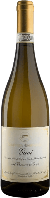 Gavi di Gavi DOCG Het label is beige met gouden accenten en bevat elegante tekst. Er is een klein embleem bovenaan het label.