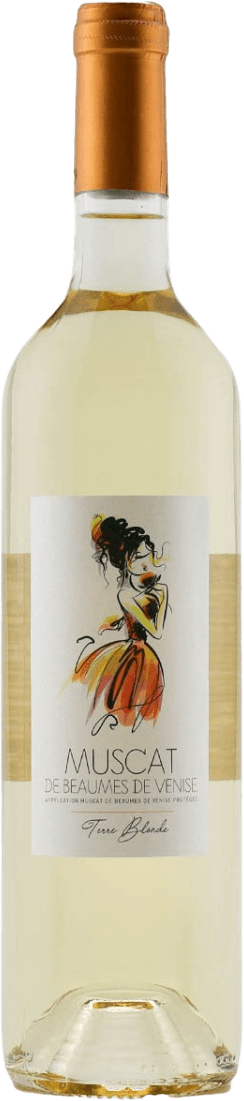 Gigondas la Cave - Muscat de Beaumes de Venise AC Terre Blonde Het label toont een artistieke tekening van een vrouw in een kleurrijke jurk. De tekening is schetsmatig en dynamisch, met gebruik van vloeiende lijnen en levendige kleuren.