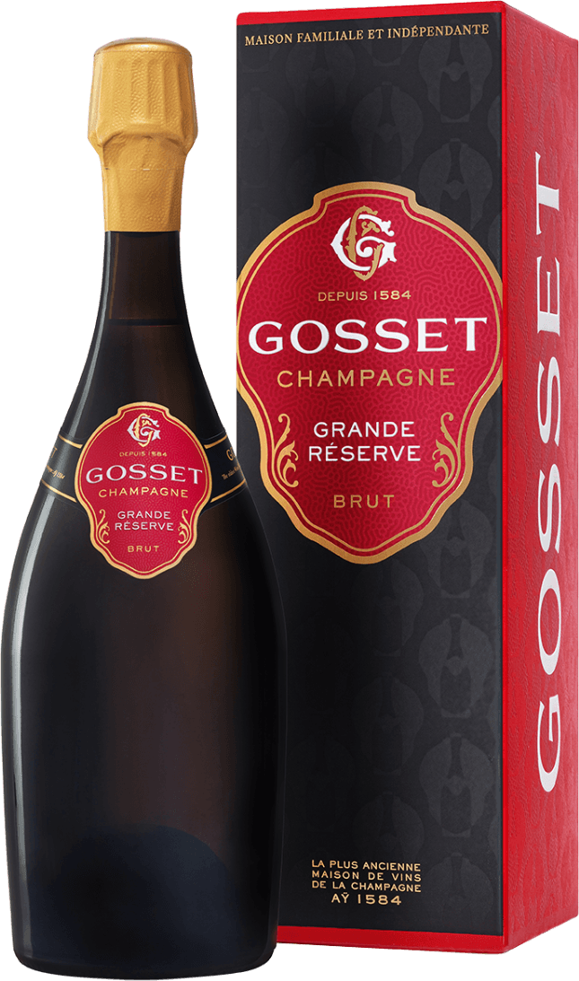 Champagne Gosset - Champagne AC Grande Reserve Brut in giftbox Het label is rood met gouden accenten en bevat de tekst 'Gosset Champagne Grande Réserve Brut'. Er is een gestileerd embleem boven de tekst.