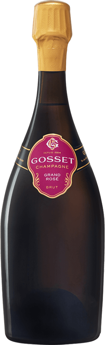 Champagne AC Grand Rosé Brut Het label is roze met gouden accenten en bevat de tekst 'GOSSET CHAMPAGNE GRAND ROSÉ BRUT'. Het heeft een klassieke vorm met sierlijke details aan de boven- en onderkant.