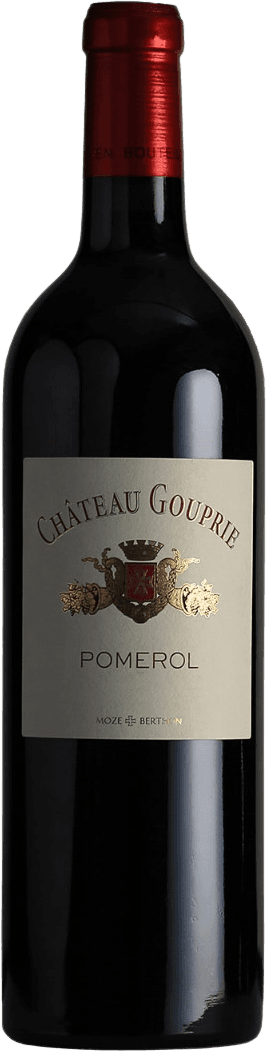 Château Gouprie - Château Gouprie Pomerol AC Het label toont een traditioneel ontwerp met een familiewapen in het midden. Het wapen heeft een kroon erboven en is omgeven door sierlijke gouden details.