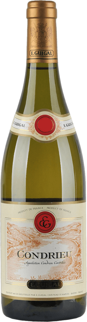 E. Guigal - Condrieu AC Het label toont een afbeelding van een landschap, mogelijk een wijngaard, in een klassieke stijl. Bovenaan is er een rood zegel met de initialen 'E.G.'.