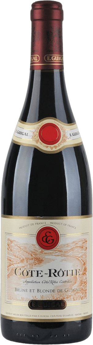 Côte Rôtie AC Brune & Blonde de Guigal 2020 Het label toont een landschap met wijngaarden en een rivier. Bovenaan staat het logo van E. Guigal in rood, omringd door gouden details. De naam 'Côte-Rôtie' is prominent afgebeeld in zwarte letters.