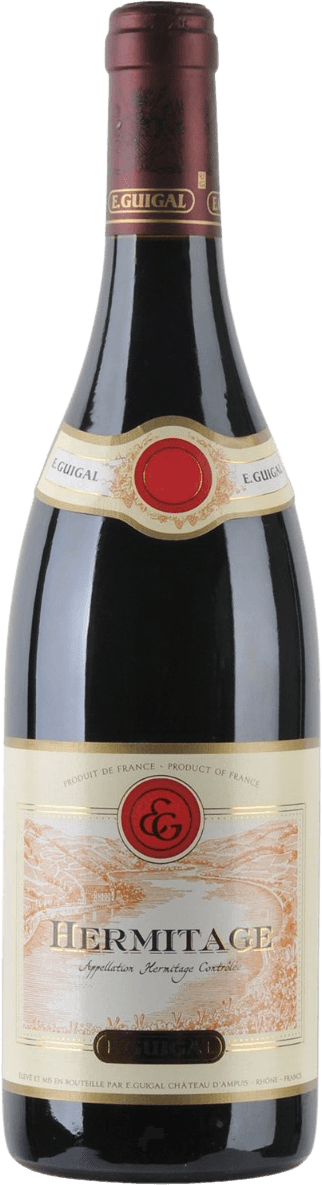 E. Guigal - Hermitage AC Het label van de wijnfles toont een landschap met wijngaarden in een klassieke stijl. Bovenaan staat de naam 'E. Guigal' en onderaan 'Hermitage'. In het midden is er een zegel met initialen.