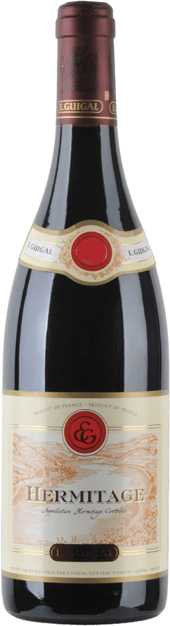 Hermitage AC 2020 Het label toont een gedetailleerde tekening van een landschap met wijngaarden en gebouwen. Bovenaan is er een rood embleem met de initialen 'E.G.' in goud, omgeven door decoratieve elementen. De naam 'HERMITAGE' staat groot in het midden, met daaronder kleinere tekst.