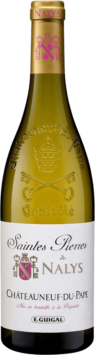 E. Guigal - Châteauneuf-du-Pape AC Saintes Pierres de Nalys Het label toont een familiewapen met een schild in het midden. Er zijn decoratieve elementen zoals kronen en sleutels rondom het wapen. De tekst op het label is sierlijk en klassiek, met de naam 'Saintes Pierres de Nalys' prominent aanwezig.