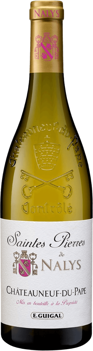 E. Guigal - Châteauneuf-du-Pape AC Saintes Pierres de Nalys Het label toont een traditioneel ontwerp met een familiewapen in het midden. Er is sierlijke tekst en een combinatie van goud en roze tinten. Het familiewapen bevat een schild en twee sleutels.