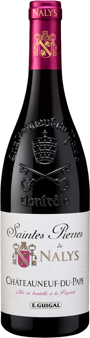 E. Guigal - Châteauneuf-du-Pape AC Saintes Pierres de Nalys Het label toont een traditioneel ontwerp met een familiewapen in het midden. De tekst 'Saintes Pierres de Nalys' en 'Châteauneuf-du-Pape' zijn prominent aanwezig. Er is een reliëf in de fles met symbolen en tekst.