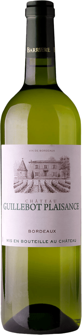 Château Guillebot Plaisance - Bordeaux AC 2021 Het label toont een gedetailleerde tekening van een klassiek kasteel of landhuis met daarnaast wijngaarden. De naam 'Château Guillebot Plaisance' staat in grote groene letters onder de afbeelding. Onderaan het label staat in kleinere letters 'Bordeaux' en daaronder 'Mis en bouteille au château'.