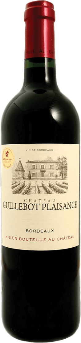 Château Guillebot Plaisance - Bordeaux AC Het label toont een gedetailleerde tekening van een kasteel of landhuis met omliggende wijnranken. Bovenaan staat de tekst 'Vin de Bordeaux' en onder de afbeelding staat 'Château Guillebot Plaisance'. Onderaan het label is er ook tekst die aangeeft dat het om een Bordeaux gaat en dat deze gebotteld is op het château.