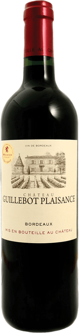 Château Guillebot Plaisance - Bordeaux AC Het label toont een tekening van een kasteel of wijnhuis met daaronder de tekst 'Château Guillebot Plaisance'. Het geheel heeft een klassieke uitstraling.