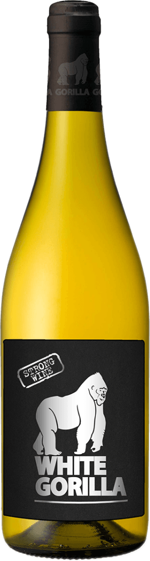 Domaine Guinand - VdF White Gorilla Het label toont een witte gorilla in het midden, met daarboven de tekst 'STRONG WINE' in een stempelachtige stijl. Onderaan staat de naam 'WHITE GORILLA' in grote, opvallende letters.