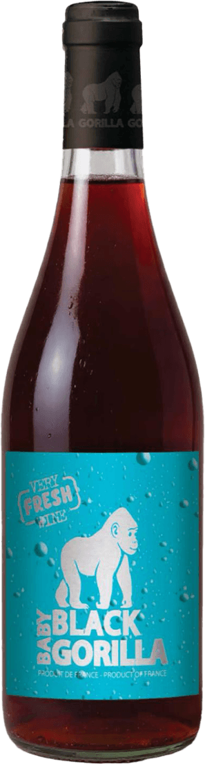 Domaine Guinand - Baby Black Gorilla VdF Het label toont een witte gorilla op een lichtblauwe achtergrond met bubbels. De naam van de wijn is prominent in grote letters afgebeeld.