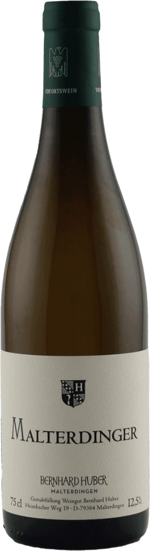 Huber - Weisser Burgunder & Chardonnay Malterdinger Het label van de wijnfles is minimalistisch en traditioneel, met een witte achtergrond. Het bevat het woord 'Malterdinger' in grote letters centraal op het label. Onder deze tekst staat 'Bernhard Huber' vermeld, samen met andere details zoals de locatie van de wijngaard. Bovenaan staat een familie-embleem of schild dat eenvoudig is vormgegeven.