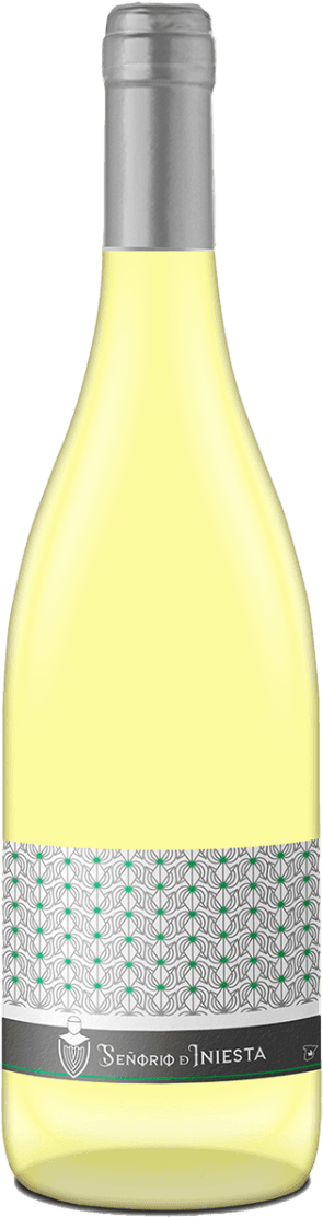 Señorio de Iniesta - Vino de la Tierra de Castilla Sauvignon Blanc Het label op deze wijnfles is modern en geometrisch vormgegeven. Het grootste deel van het label bestaat uit een patroon van herhalende, gestileerde lijnen in zilvergrijs en lichtgroen. Onderaan het label is een donkere band met een schild-achtig symbool en sierlijke letters. Het geheel oogt strak, grafisch en hedendaags, zonder traditionele wijnelementen zoals druiven, kastelen of natuurbeelden.