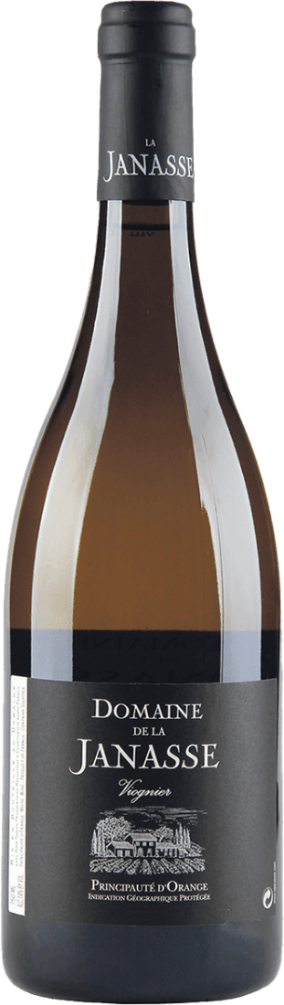 Pays de la Principauté d'Orange IGP Viognier Het label is overwegend zwart met witte, klassieke letters. Centraal staat de naam 'Domaine de la Janasse' in grote, duidelijke letters. Onderaan het label is een witte, gedetailleerde tekening van een wijndomein of wijnhuis afgebeeld. De stijl van het label is traditioneel en ingetogen, zonder veel kleur of moderne grafische elementen.
