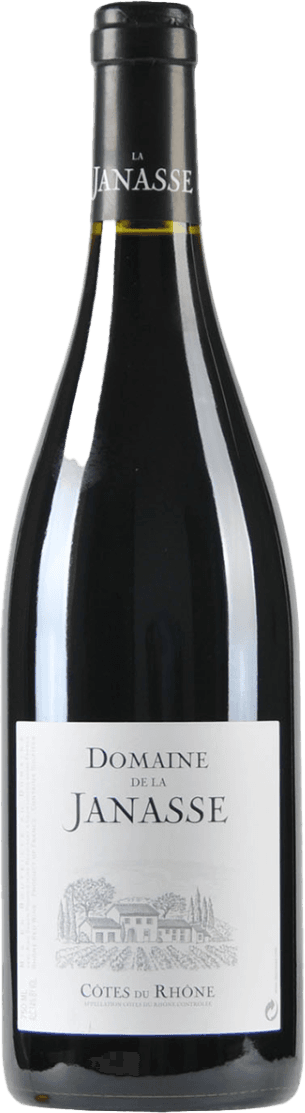 Domaine de la Janasse - Côtes du Rhône AC Het label toont een tekening van een traditioneel gebouw omringd door wijngaarden. Bovenaan staat de naam 'Domaine de la Janasse' en onderaan 'Côtes du Rhône'. De stijl is klassiek en eenvoudig.
