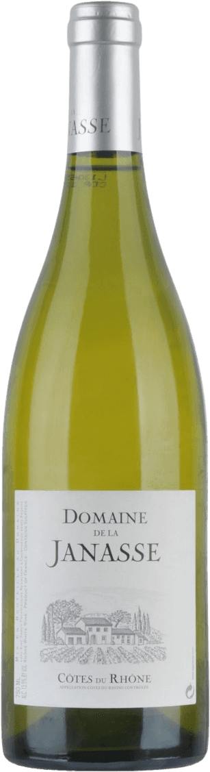 Domaine de la Janasse - Côtes du Rhône AC 2023 wit Het label toont een tekening van een wijnhuis omgeven door wijngaarden en bomen. De naam 'Domaine de la Janasse' staat prominent bovenaan, met daaronder 'Côtes du Rhône'. Het ontwerp is traditioneel en eenvoudig.