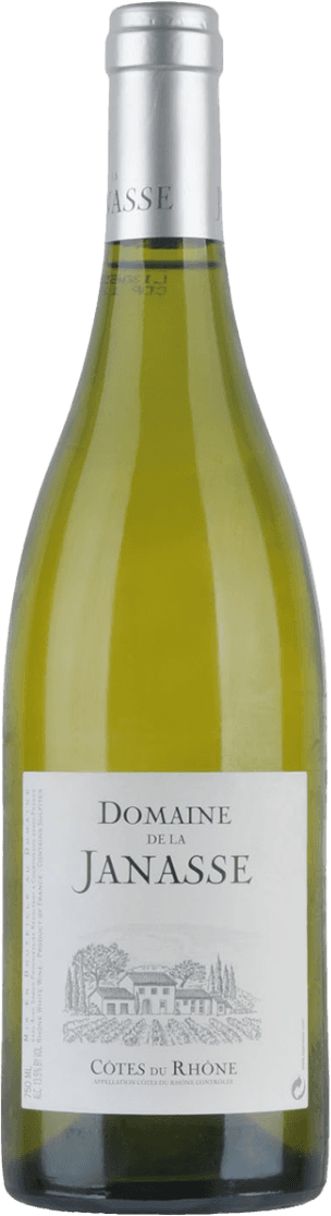 Domaine de la Janasse - Côtes du Rhône AC BIO Het label is wit en minimalistisch, met centraal de naam 'Domaine de la Janasse' in grote, klassieke letters. Onderaan het label staat een fijne, gedetailleerde lijntekening van een wijnhuis met bomen en wijngaarden eromheen. Het label straalt een traditionele, elegante sfeer uit zonder felle kleuren of opvallende grafische elementen.