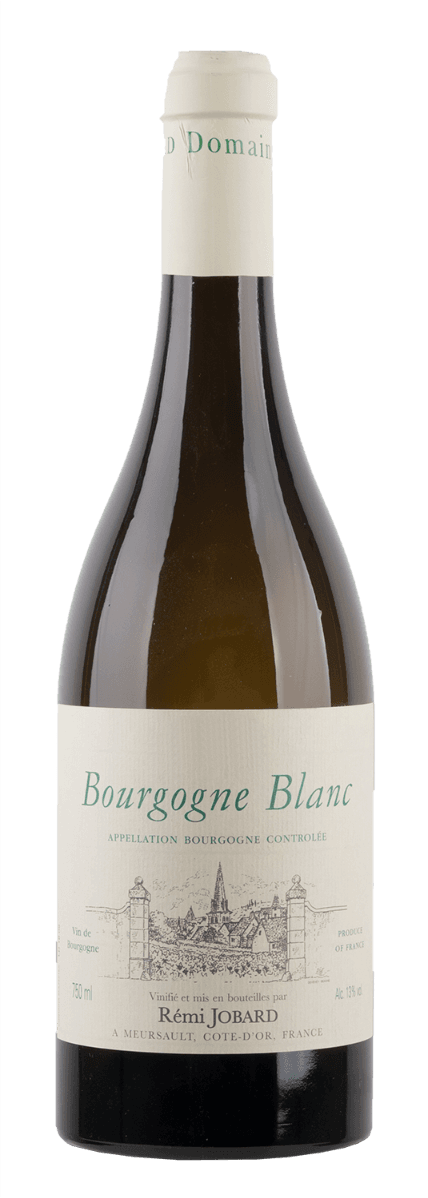 Bourgogne AC 2022 Het label toont een gedetailleerde tekening van een dorp met een kerk en gebouwen, omgeven door poorten. De tekst 'Bourgogne Blanc' is prominent aanwezig boven de tekening, en er staat aanvullende informatie over de wijn onderaan het label.