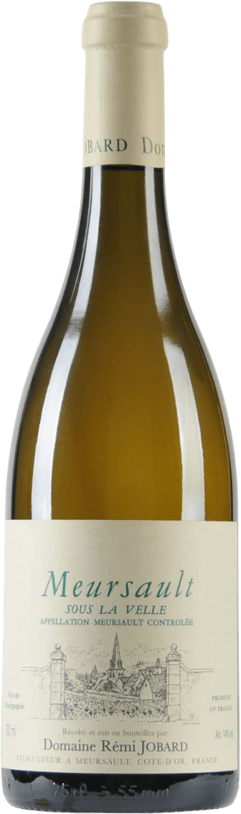 Domaine Rémi Jobard - Meursault AC Sous la Velle BIO Het label is traditioneel en minimalistisch vormgegeven. Bovenaan staat de naam 'Meursault' in groene letters, gevolgd door 'Sous la Velle' en andere details over de wijn. Onderaan is er een gedetailleerde tekening van een kasteel of wijnhuis.