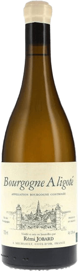 Domaine Rémi Jobard - Bourgogne AC Aligoté Het label toont een eenvoudige tekening van een kasteel of wijnhuis, met de naam 'Bourgogne Aligoté' in grote letters bovenaan. Onder de tekening staat de tekst 'Rémi Jobard'. Het ontwerp is minimalistisch en traditioneel, met een focus op de naam en het beeld van het kasteel.