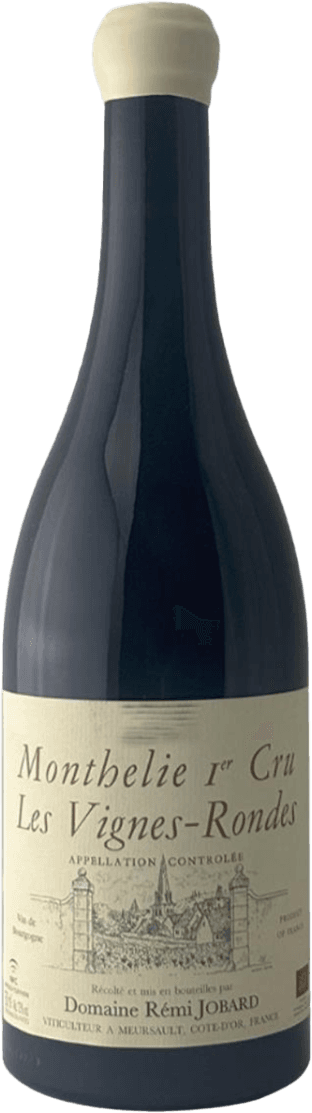 Domaine Rémi Jobard - Monthélie AC Les Vignes Rondes 1ER BIO Het label toont een tekening van een traditioneel gebouw of kasteel met tekst eromheen. De stijl is klassiek en ingetogen.