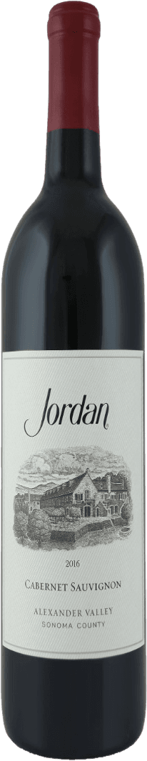 Jordan Vineyard & Winery - Alexander Valley Cabernet Sauvignon Het label toont een gedetailleerde tekening van een traditioneel gebouw of wijnhuis, met daarboven de naam 'Jordan' in elegante letters. Onder de tekening staat de naam van de wijn en regio vermeld.
