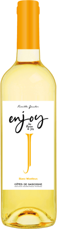 Domaine de Joy - Côtes de Gascogne IGP Enjoy Sweet 2021 Het label is minimalistisch met de tekst 'enjoy' in een speelse, handgeschreven stijl. Er is een grote oranje letter 'J' prominent in het midden van het label.