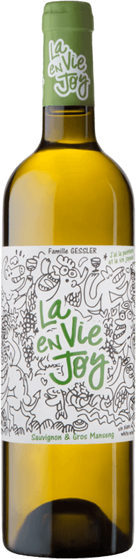 Domaine de Joy - Côtes de Gascogne IGP La Vie en Joÿ Het label heeft een speelse en kunstzinnige uitstraling met handgetekende illustraties van vrolijke gezichten, bloemen, en abstracte vormen. In het midden staat de tekst 'La Vie en Joÿ' in grote groene letters.