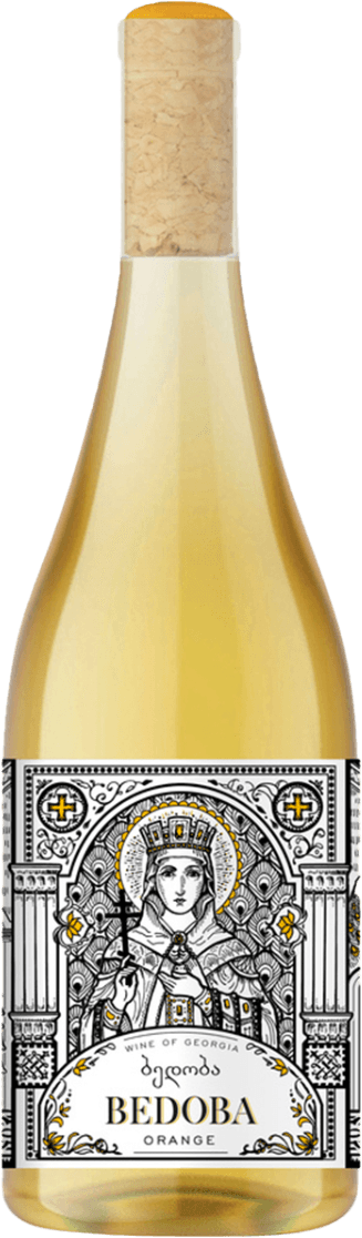 Kakheti Company - Bedoba Orange Het label toont een gedetailleerde en artistieke tekening van een vrouwelijk figuur met een kroon, omgeven door decoratieve elementen en symbolen. Het ontwerp heeft een klassieke en elegante uitstraling.