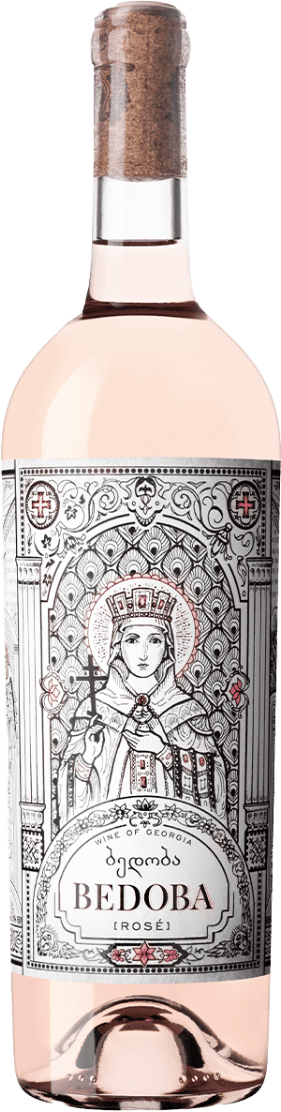 Kakheti Company - Bedoba Rosé Het label toont een gedetailleerde tekening van een figuur in traditionele kleding met een kroon en een kruis in de hand, omgeven door sierlijke patronen en symbolen.