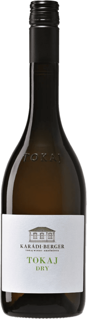 KARA - Tokaji Dry Furmint Het label toont een eenvoudig ontwerp met een tekening van een huis of wijnhuis. De naam 'Karádi-Berger' staat erop, samen met de tekst 'TOKAJ DRY'.