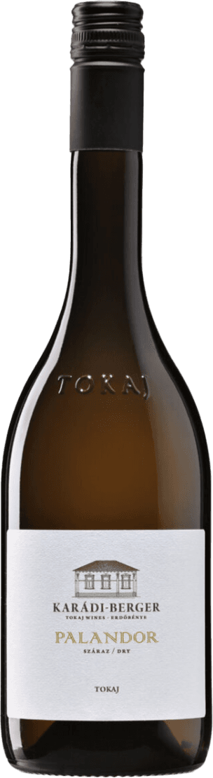 Tokaji Hegyalja Palandor Furmint Het label toont een eenvoudig ontwerp met de naam 'Karádi-Berger' en een afbeelding van een gebouw. Er is gebruik gemaakt van minimalistische elementen en een traditionele uitstraling.