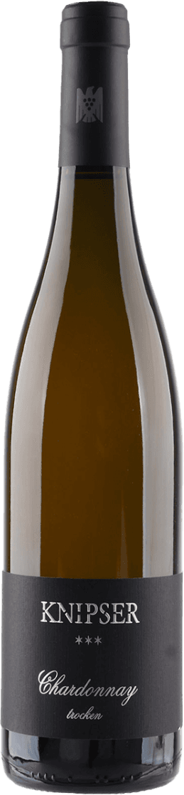 Weingut Knipser - Laumersheim Chardonnay Barrique Het label is zwart met witte tekst, waaronder de naam 'KNIPSER', drie sterren, en 'Chardonnay trocken'.