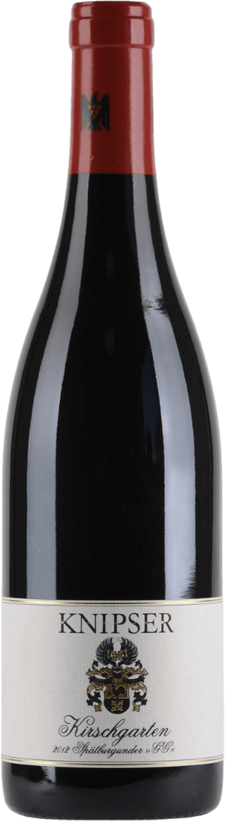 Weingut Knipser - Laumersheim Kirschgarten Spätburgunder Trocken GG Het label heeft een klassiek ontwerp met een familiewapen centraal afgebeeld. Bovenaan staat de naam 'KNIPSER' in grote, duidelijke letters. Onder het wapen staan sierlijke letters die de naam van de wijn aangeven.