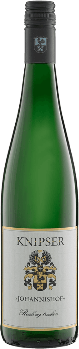 Weingut Knipser - Laumersheim Johannishof Riesling 2023 Het label toont een familiewapen met gedetailleerde elementen. Bovenaan staat de naam 'KNIPSER' en daaronder 'JOHANNISHOF'. Het ontwerp is klassiek en verfijnd.