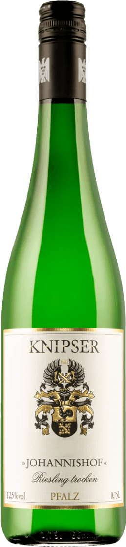 Weingut Knipser - Laumersheim Johannishof Riesling Het label toont een familiewapen met een adelaar en leeuwen, omgeven door decoratieve elementen. De naam 'KNIPSER' staat bovenaan, en onder het wapen staat 'JOHANNISHOF Riesling trocken'.